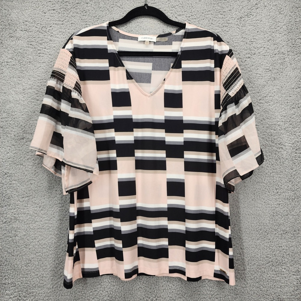 Calvin Klein Womens XL V-Neck Flutter Sleeve Geometric Blouse Pink Black